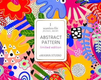 May include: A seamless pattern featuring abstract shapes, flowers, and leaves in a vibrant color palette of pink, yellow, blue, green, red, and black. The pattern is perfect for use in digital and print projects.