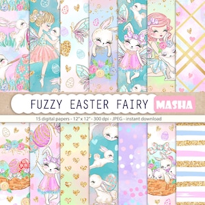 FUZZY EASTER FAIRY digital paper, Easter Digital Paper, Easter Pattern, Bunny Digital Paper, Fairy Digital Paper, Spring Digital Paper