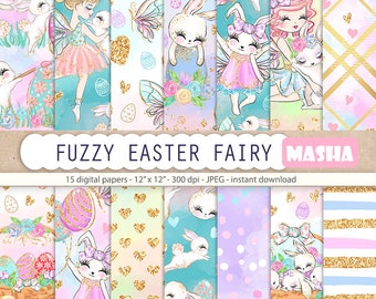 FUZZY EASTER FAIRY digital paper, Easter Digital Paper, Easter Pattern, Bunny Digital Paper, Fairy Digital Paper, Spring Digital Paper