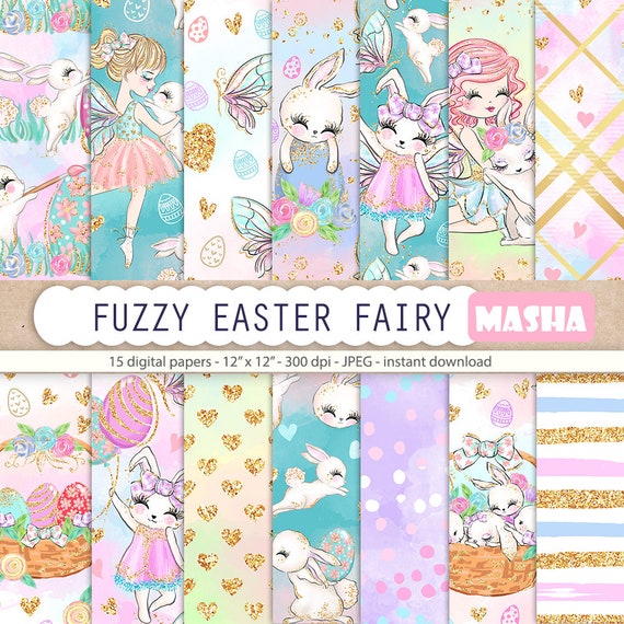 FUZZY EASTER FAIRY digital paper, Easter Digital Paper, Easter Pattern, Bunny Digital Paper, Fairy Digital Paper, Spring Digital Paper