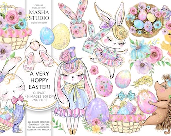 Könnte beinhalten: Ein Set mit 49 digitalen Clipart-Bildern mit niedlichen Hasen, einem Igel, einem Küken und Ostereiern. Die Bilder sind in einer Pastellfarbpalette mit Glitzerakzenten gehalten. Der Text "A Very Hoppy Easter!" ist im Bild enthalten.