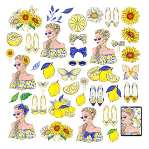 May include: A digital illustration of a woman with yellow and blue clothing, sunglasses, and a headband. The illustration is surrounded by lemons, sunflowers, butterflies, and other yellow and blue elements.
