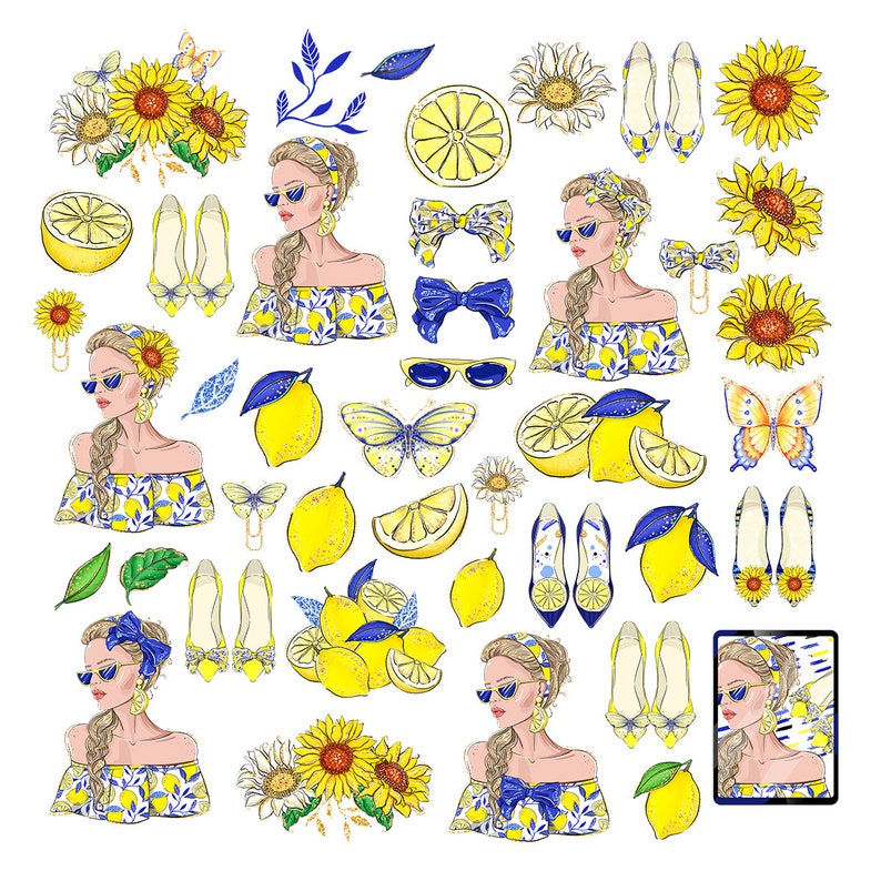 May include: A digital illustration of a woman with yellow and blue clothing, sunglasses, and a headband. The illustration is surrounded by lemons, sunflowers, butterflies, and other yellow and blue elements.