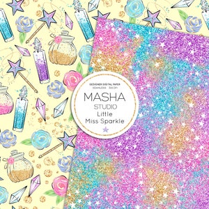 May include: Two digital paper designs featuring a whimsical, magical theme. The first design is a yellow background with gold glitter stars, blue and pink flowers, and purple and blue potion bottles. The second design is a rainbow glitter background with gold glitter stars. The text "DESIGNER DIGITAL PAPER SEAMLESS 300 DPI MASHA STUDIO Little Miss Sparkle" is in a white circle on the second design.