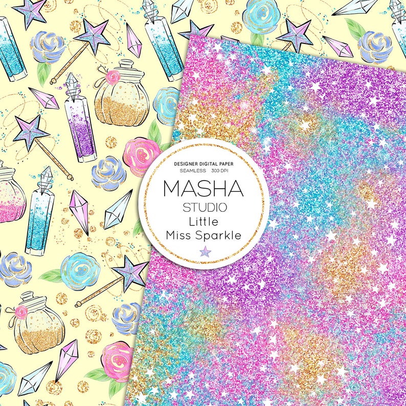 May include: Two digital paper designs featuring a whimsical, magical theme. The first design is a yellow background with gold glitter stars, blue and pink flowers, and purple and blue potion bottles. The second design is a rainbow glitter background with gold glitter stars. The text "DESIGNER DIGITAL PAPER SEAMLESS 300 DPI MASHA STUDIO Little Miss Sparkle" is in a white circle on the second design.