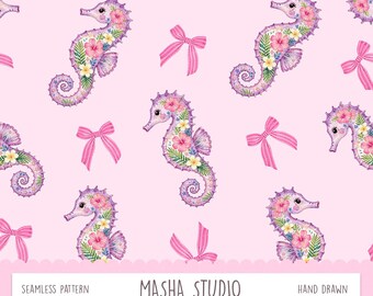 Pink Seahorse Seamless Pattern by Masha Studio | Seahorse and Bows File | Watercolor Summer Repeating Digital Paper for Commercial Use