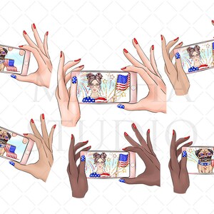 May include: Six different digital illustrations of hands holding smartphones. Each phone screen displays a different image of a person or a dog wearing a red, white, and blue bandana with fireworks in the background.
