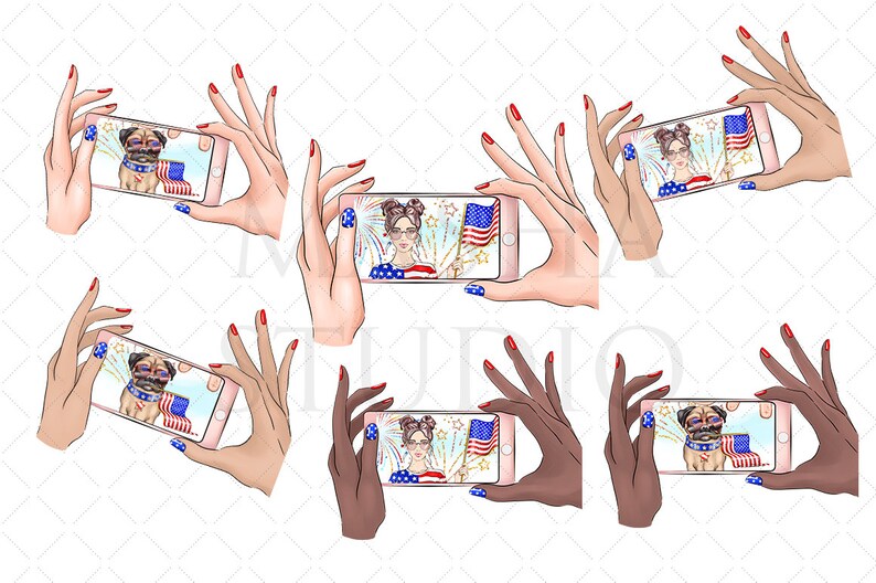 May include: Six different digital illustrations of hands holding smartphones. Each phone screen displays a different image of a person or a dog wearing a red, white, and blue bandana with fireworks in the background.