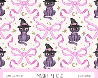 Cute Cat Halloween Seamless Pattern by Masha Studio: Trellis Bow Repeat Pattern File for Commercial Use, Pink and Purple Halloween