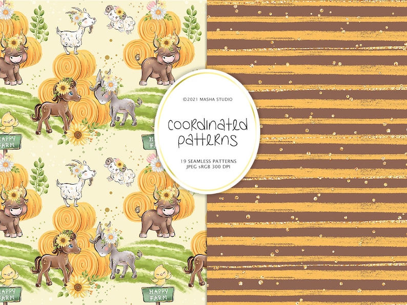 May include: A seamless pattern featuring a farm scene with cute animals, hay bales, sunflowers, and a sign that says "Happy Farm". The pattern is in a light yellow, green, and brown color scheme. The second pattern is a brown and gold striped background with gold glitter.