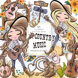 Música country desenhada à mão Clip Art, Ilustração de garota country, ClipArt ocidental, Cowboy Girl Masha Studio, Arquivos PNG de sublimação de estilo country