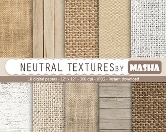 Neutral digital paper: "NEUTRAL TEXTURES" with burlap digital paper, linen, wood in earth tones, neutral colors for scrapbooking, invites