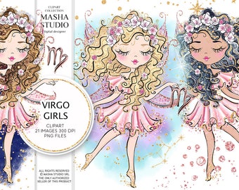 Imágenes prediseñadas del signo zodiacal Virgo de Masha Studio, imágenes prediseñadas de Virgo, imágenes prediseñadas del zodiaco, imágenes prediseñadas de astrología, imágenes prediseñadas de chicas Virgo, pegatinas para agendas con ilustraciones del zodiaco