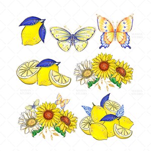 May include: A digital illustration of lemons, sunflowers, and butterflies. The lemons are yellow with a textured surface and have blue leaves. The sunflowers are yellow with brown centers and green leaves. The butterflies are yellow, blue, and orange with black outlines. The background is white.