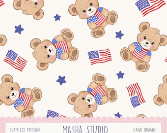 4th Of July Teddy Bear Digital Paper, Patriotic Teddy Bear Seamless Pattern by Masha Studio: Independence Day File (Digital Download)