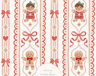Christmas Gingerbread Man and Girl Seamless Pattern by Masha Studio: Lacy Stripes Bows Heart Seamless Repeatable (Digital Download)