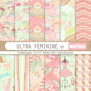 Girly digital papers: ULTRA FEMININE digital paper with horse pattern, cat digital paper, colibri pattern, 12 images, 300 dpi. JPG files image 1