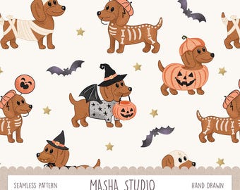 Halloween Dog Seamless Pattern by Masha Studio: Dachshund Dog Repeat Pattern for Commercial Use, Sausage Dog Halloween, Cute Spooky Teckel