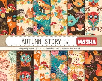 Autumn digital paper: "AUTUMN STORY" with fox pattern, squirrel pattern, owl digital paper, teapot pattern, 12 images, 300 dpi. JPG files