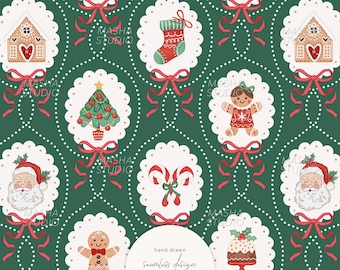 Green Christmas Cameo Seamless Pattern by Masha Studio: Santa Claus, Tree, Gingerbread man, Cake, House, Green Bows (Digital Download)