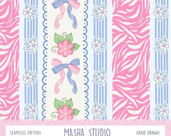 Grandmillennial Floral Stripe Seamless Pattern by Masha Studio: Pink Flowers, Coquette Bows, Pink Animal Print (Digital Download)