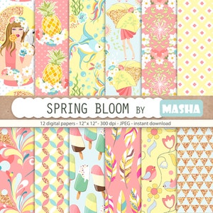 Spring digital papers: "SPRING BLOOM PAPERS" with spring patterns, colorful digital paper, summer pattern, 12 images, 300 dpi. jpg files