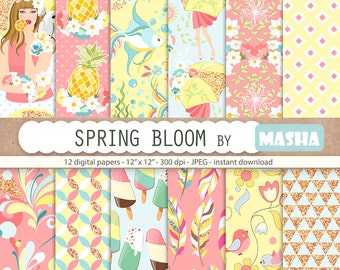 Spring digital papers: "SPRING BLOOM PAPERS" with spring patterns, colorful digital paper, summer pattern, 12 images, 300 dpi. jpg files