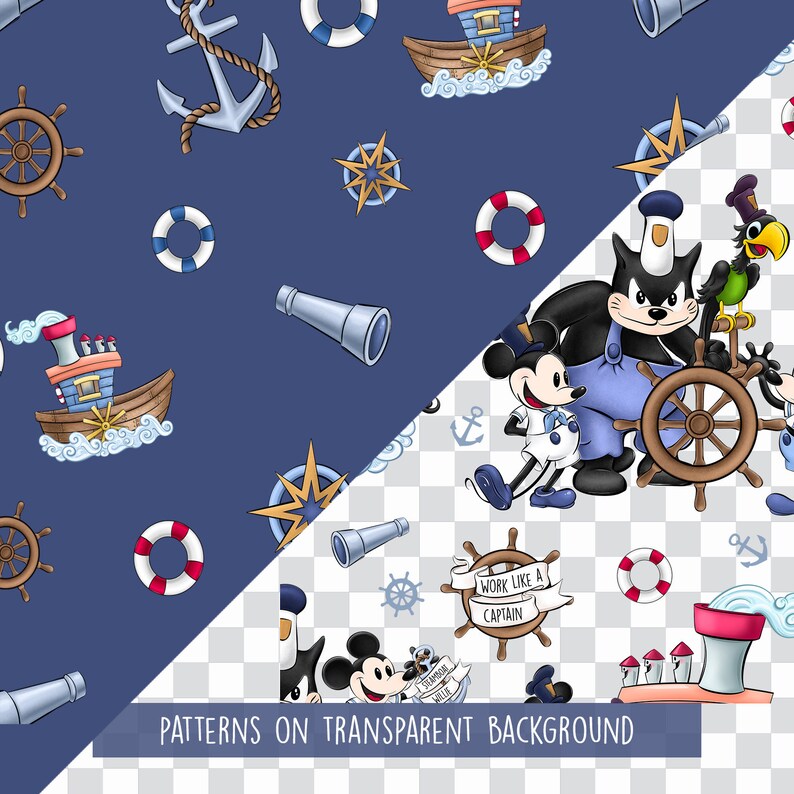 Digitala papper med Ångabåten Willie, digitala papper med marinblå färger, digitala papper med pojkar, mönster med pojkar, nautiska mönster, Masha Studio, planeringsklistermärken bild 6