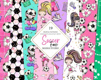 Papeles digitales de fútbol, estampado de fútbol, impresión de fútbol, estampado de balón de fútbol, chicas lindas jugando al fútbol, papeles digitales deportivos, estampados deportivos Masha Studio