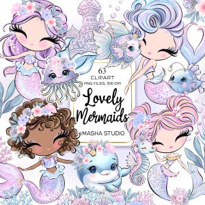Clipart dessiné à la main de sirènes, Illustrations de sirène, PNG de sirène, Masha Studio, sublimation de sirène, animaux marins, sirène mignonne, art de sirène