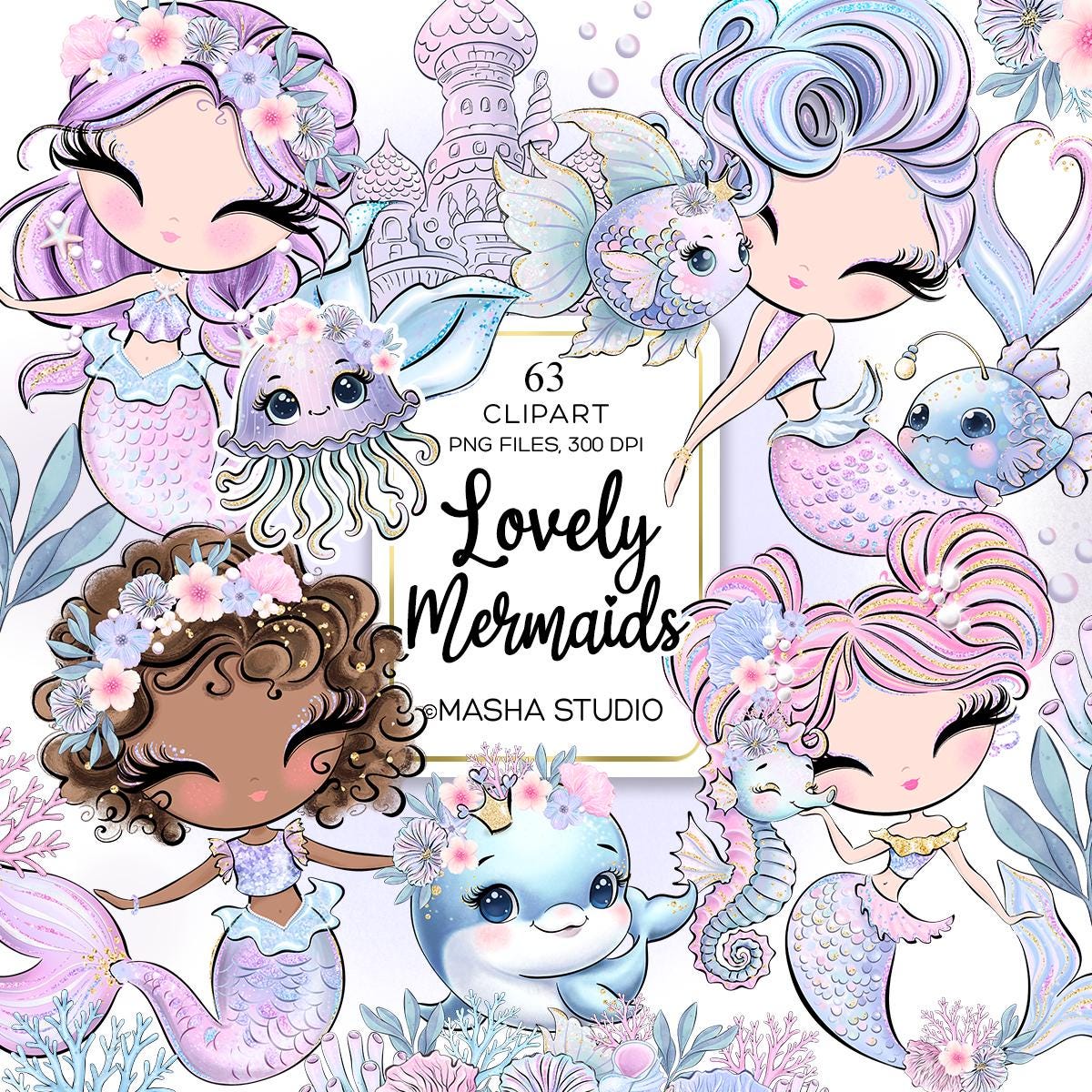 Mermaid Clipart Bundle, Hand Drawn Illustrations, Sea Animals (pngs) - Etsy