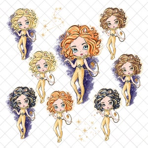 May include: Eight illustrations of cartoon girls dressed as lions with gold glitter accents. Each girl has a different hair color and pose. The background is a white grid with a purple and gold starry sky behind each girl.