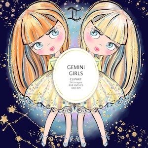 Puede incluir: Ilustraci&oacute;n digital de dos chicas G&eacute;minis con cabello rubio y naranja, vestidas con vestidos amarillos. La imagen incluye el texto "Gemini Girls Clipart 24 im&aacute;genes 8x8 pulgadas 300 DPI" en un marco ovalado blanco, con fondo azul oscuro.