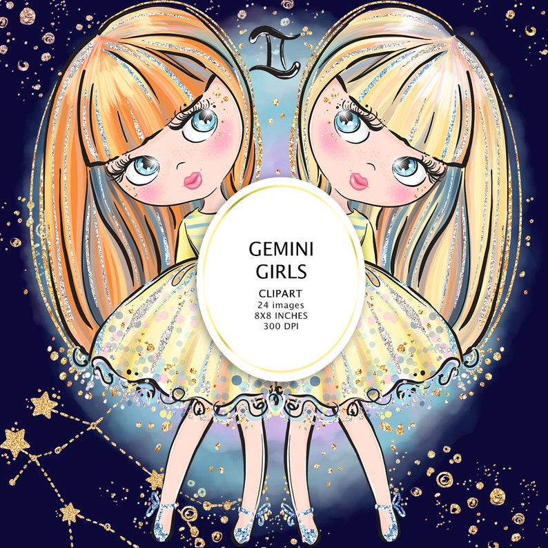 Puede incluir: Ilustraci&oacute;n digital de dos chicas G&eacute;minis con cabello rubio y naranja, vestidas con vestidos amarillos. La imagen incluye el texto "Gemini Girls Clipart 24 im&aacute;genes 8x8 pulgadas 300 DPI" en un marco ovalado blanco, con fondo azul oscuro.