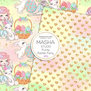 May include: Digital paper featuring Easter-themed illustrations. The design includes bunnies, fairies, decorated eggs, and floral baskets. A separate pattern displays gold glitter hearts on a pastel background. The text reads "MASHA STUDIO Fuzzy Easter Fairy".