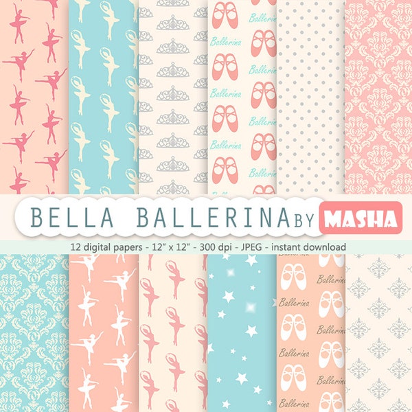 Digital paper ballerina: "BALLERINA DIGITAL paper" ballet digital paper, pink and blue ballerina, damask, stars, polkdots, tiara