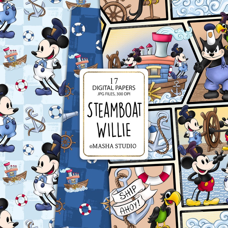 Digitala papper med Ångabåten Willie, digitala papper med marinblå färger, digitala papper med pojkar, mönster med pojkar, nautiska mönster, Masha Studio, planeringsklistermärken bild 2