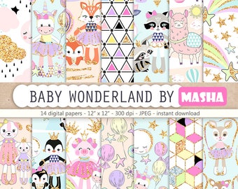 Baby Wonderland Digital Papers, Baby Pattern, Nursery Digital Paper, Baby Shower Planner Stickers, Cute Animals Illustrations, Fox Digital