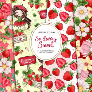 May include: A set of 20 digital seamless patterns featuring strawberries, flowers, and a cute cartoon girl. The patterns are perfect for scrapbooking, crafting, and other creative projects. The text "So Berry Sweet" is included in the image.