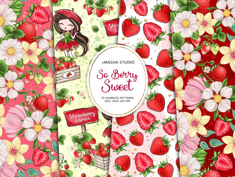 May include: A set of 20 digital seamless patterns featuring strawberries, flowers, and a cute cartoon girl. The patterns are perfect for scrapbooking, crafting, and other creative projects. The text "So Berry Sweet" is included in the image.