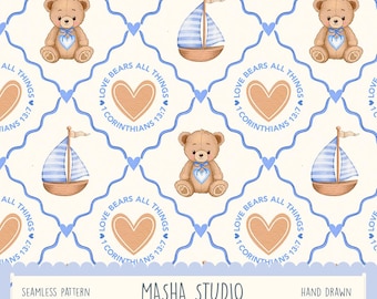 Teddy Bear Seamless Pattern, Corinthian Seamless Digital Paper, Hand Drawn Trellis Pattern for Commercial Use (Digital Download)