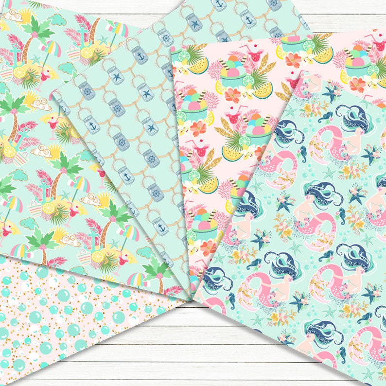Summer patterns: SUMMER DIGITAL PAPERS with mermaid pattern, navy digital paper, nautical pattern, anchor, 14 images, 300 dpi. png files image 2