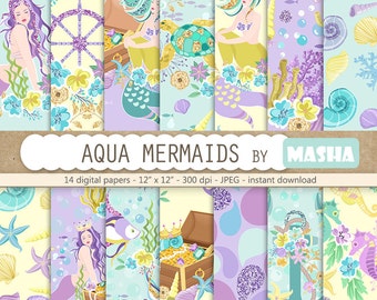 Mermaid digital paper: "AQUA MERMAIDS" with mermaid pattern, nautical digital paper, aqua pattern, 14 images, SEAMLESS patterns, jpg files