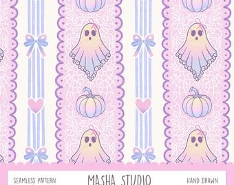 Lace and Ghost Seamless Pattern by Masha Studio, Coquette Bows Repeating Pattern File for Commercial Use,Pink Halloween Preppy Design