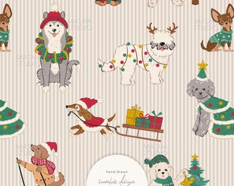 Christmas Dogs Seamless Pattern by Masha Studio, Dogs on Beige Vertical Stripes, Neutral Dog Print, Hand Drawn ( Digital Download)