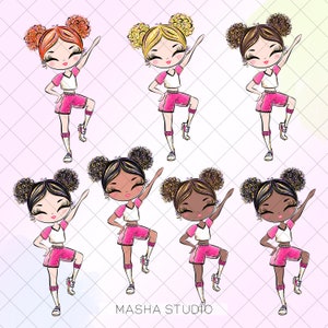 Puede incluir: Seis ilustraciones de chicas con diferentes colores de cabello y tonos de piel que llevan camisas blancas y pantalones cortos rosas. Todas est&aacute;n en una pose similar, con una pierna levantada y los brazos levantados por encima de sus cabezas. Las ilustraciones est&aacute;n sobre un fondo rosa y blanco con el texto "MASHA STUDIO" en la parte inferior.