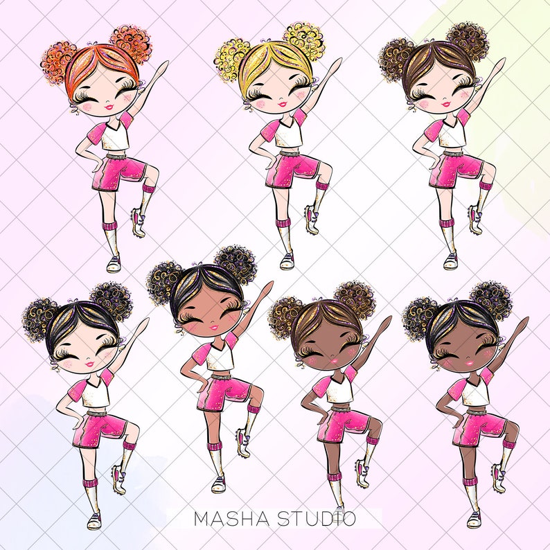 Puede incluir: Seis ilustraciones de chicas con diferentes colores de cabello y tonos de piel que llevan camisas blancas y pantalones cortos rosas. Todas est&aacute;n en una pose similar, con una pierna levantada y los brazos levantados por encima de sus cabezas. Las ilustraciones est&aacute;n sobre un fondo rosa y blanco con el texto "MASHA STUDIO" en la parte inferior.