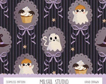 Dark Cameo Halloween Seamless Pattern by Masha Studio: Coquette Bow Repeat Pattern File for Commercial Use, Purple and Black Cameo Halloween