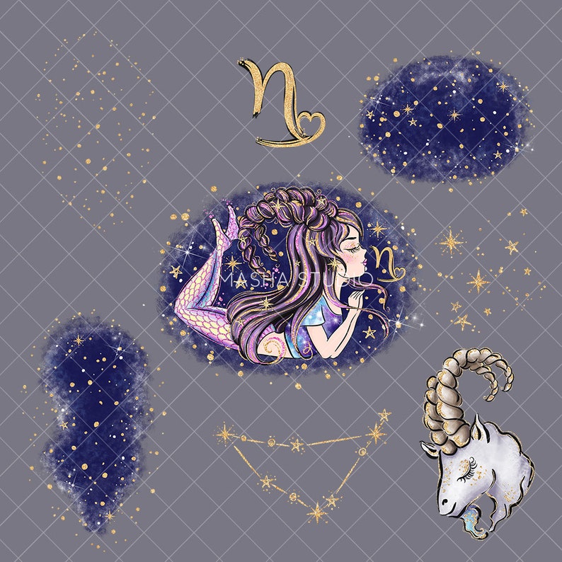 Puede incluir: Una ilustraci&oacute;n digital del signo del zod&iacute;aco Capricornio. La ilustraci&oacute;n presenta una sirena con cabello morado y una cola de brillo dorado, una constelaci&oacute;n de estrellas y una cabeza de cabra con cuernos de brillo dorado. El fondo es de color gris con un patr&oacute;n de estrellas de brillo dorado.