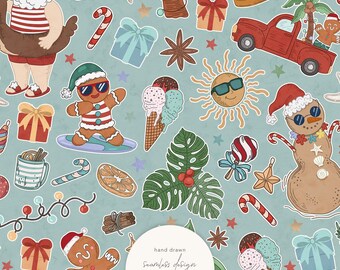Christmas in July Seamless Pattern by Masha Studio | Vintage Summer Xmas Digital Paper | Cute Santa in Swim Suit | Digital Download